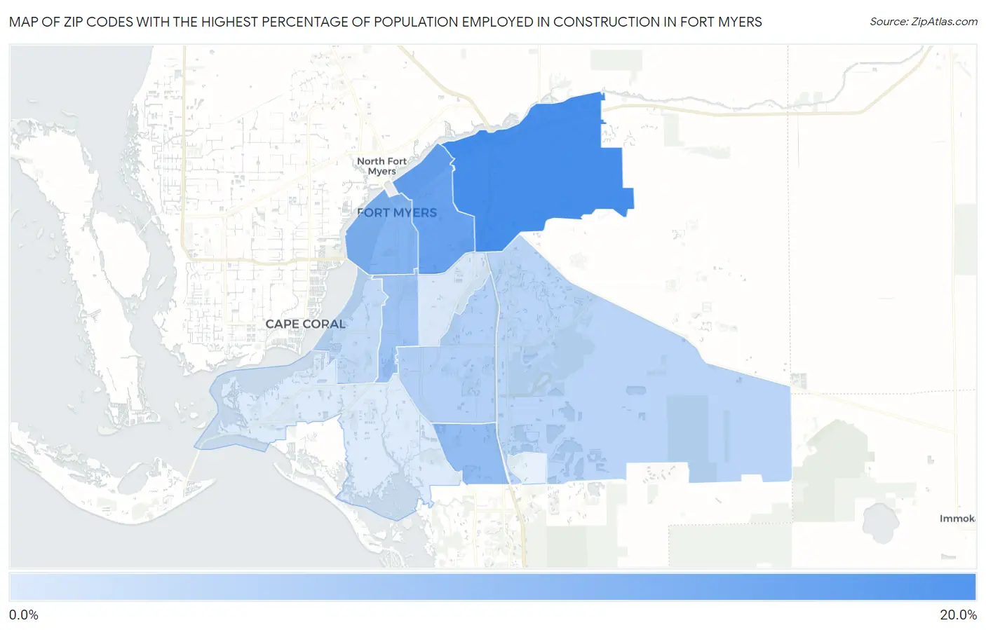 Zip Codes with the Highest Percentage of Population Employed in Construction in Fort Myers Map