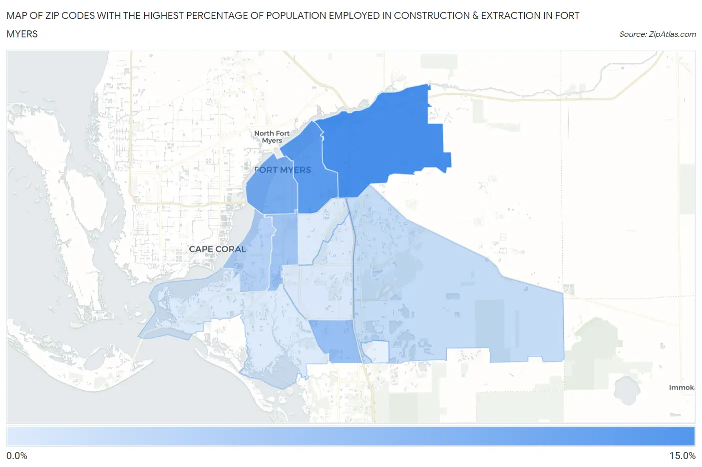 Zip Codes with the Highest Percentage of Population Employed in Construction & Extraction in Fort Myers Map
