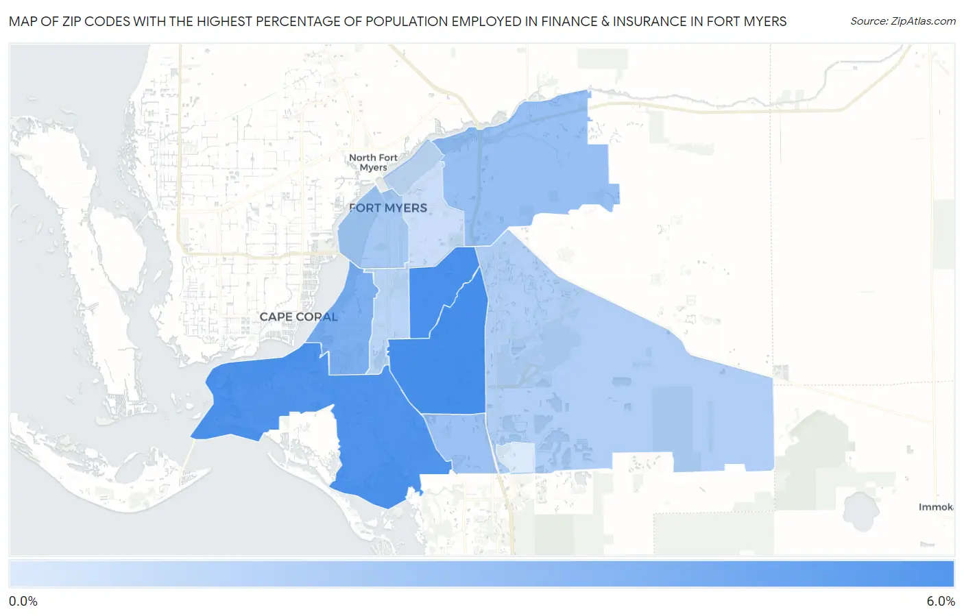 Zip Codes with the Highest Percentage of Population Employed in Finance & Insurance in Fort Myers Map