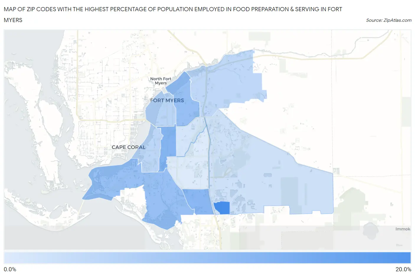 Zip Codes with the Highest Percentage of Population Employed in Food Preparation & Serving in Fort Myers Map