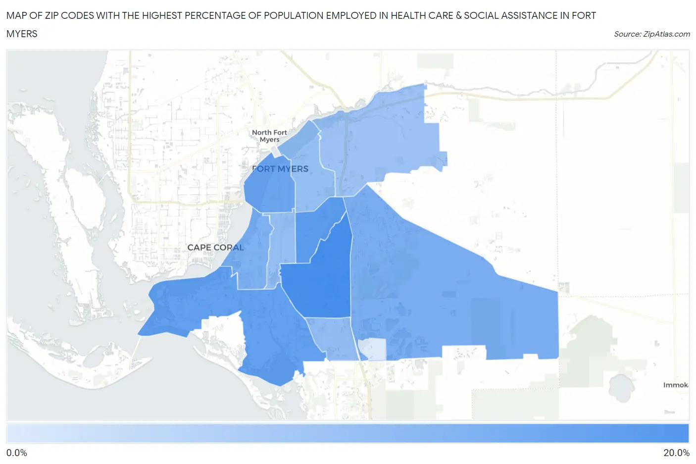Zip Codes with the Highest Percentage of Population Employed in Health Care & Social Assistance in Fort Myers Map