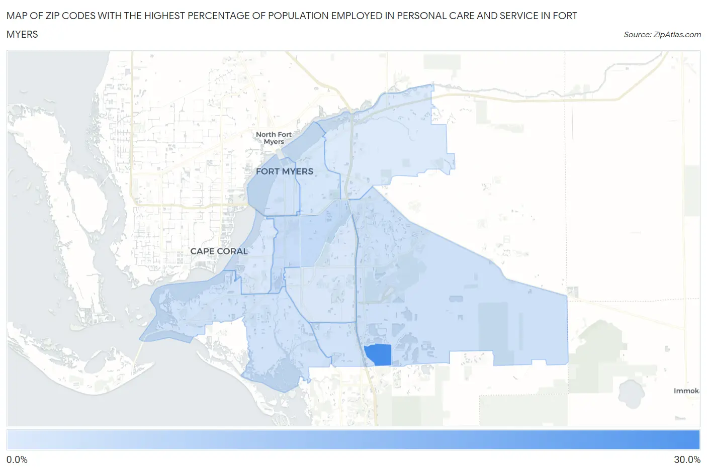 Zip Codes with the Highest Percentage of Population Employed in Personal Care and Service in Fort Myers Map