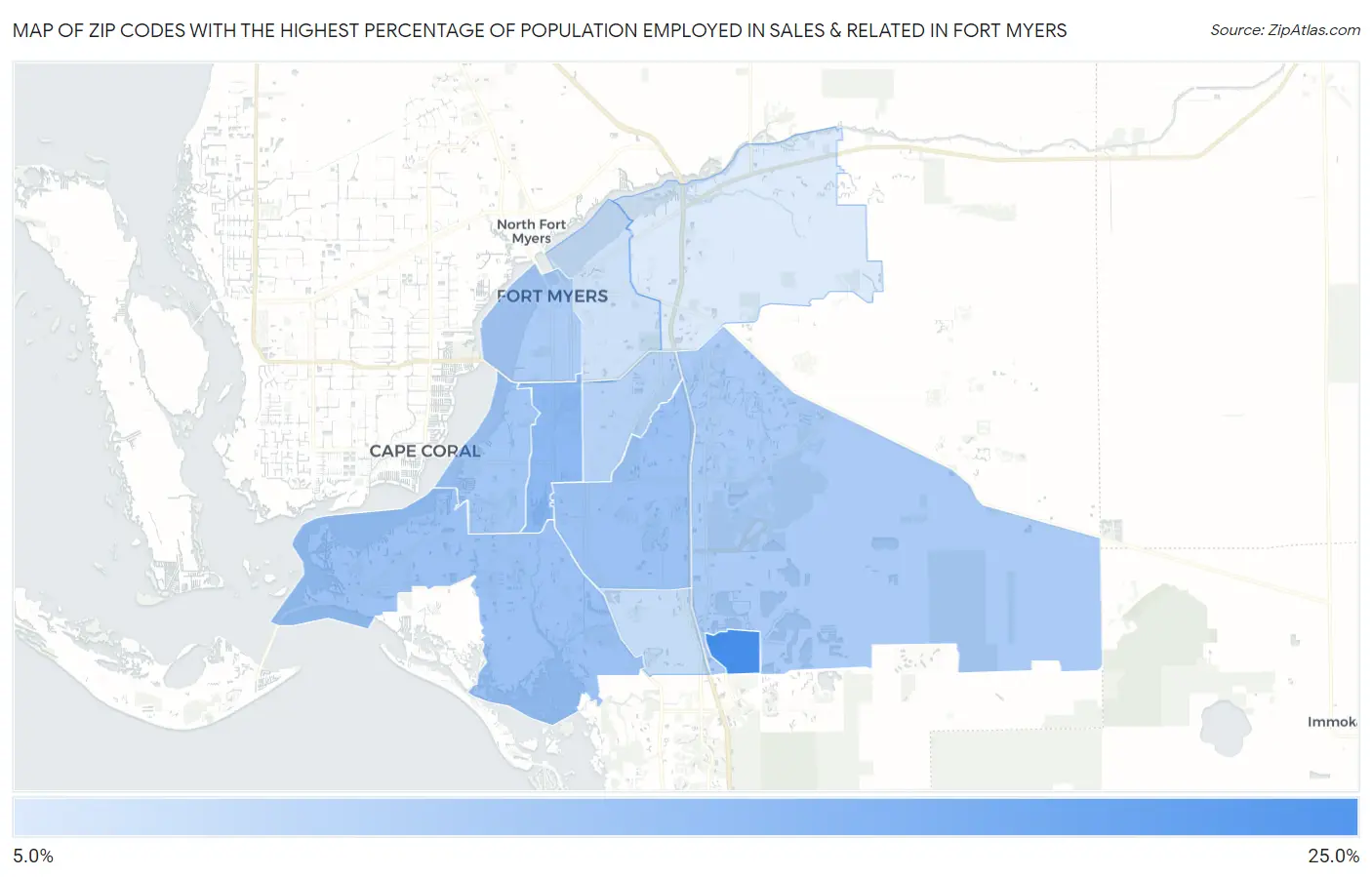 Zip Codes with the Highest Percentage of Population Employed in Sales & Related in Fort Myers Map