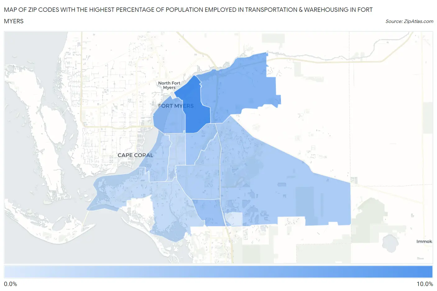 Zip Codes with the Highest Percentage of Population Employed in Transportation & Warehousing in Fort Myers Map