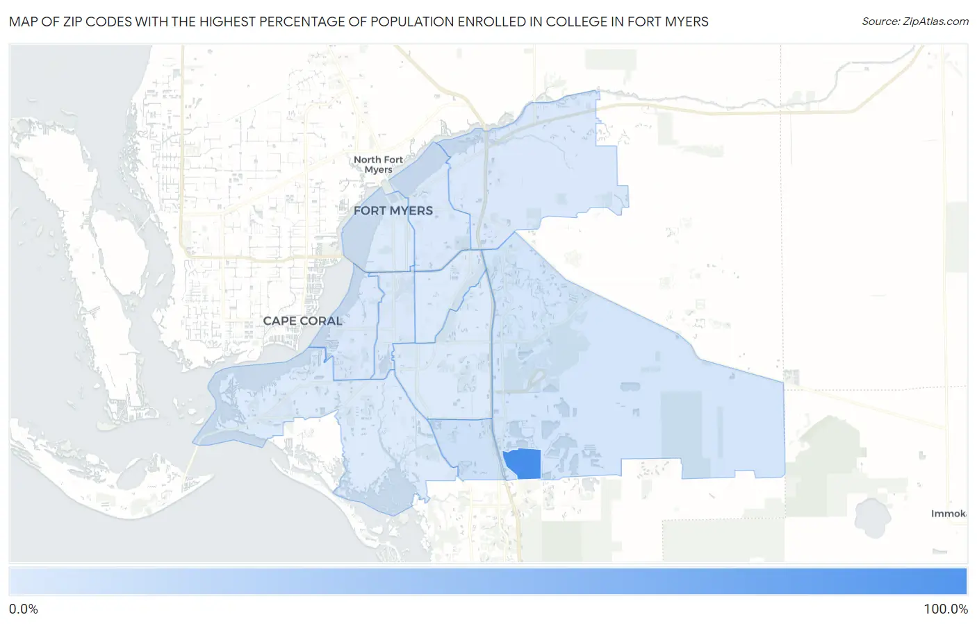 Zip Codes with the Highest Percentage of Population Enrolled in College in Fort Myers Map