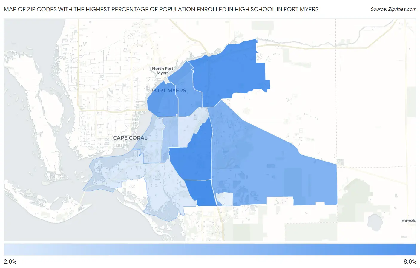 Zip Codes with the Highest Percentage of Population Enrolled in High School in Fort Myers Map