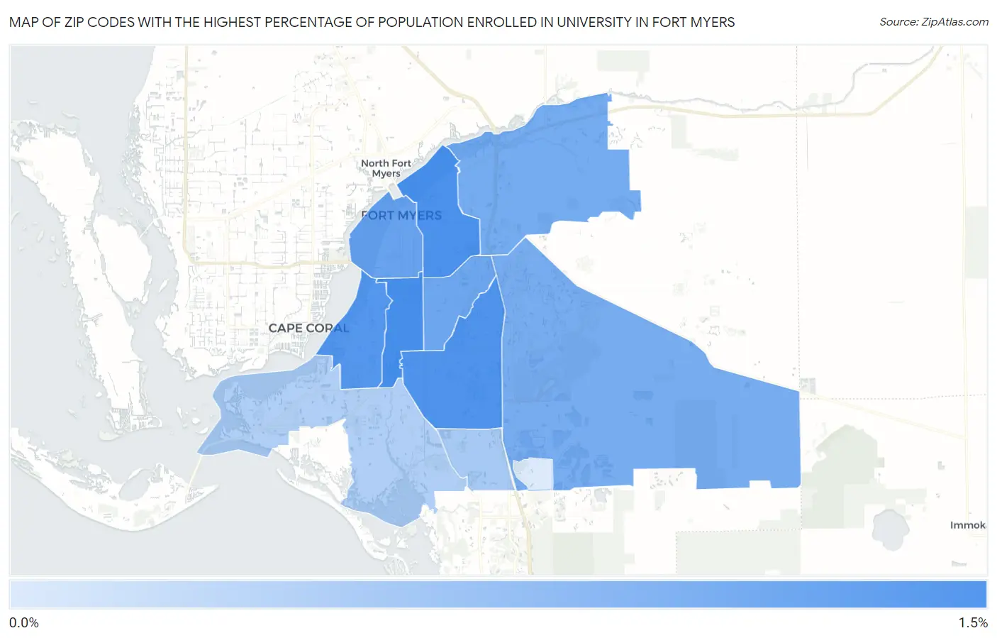 Zip Codes with the Highest Percentage of Population Enrolled in University in Fort Myers Map