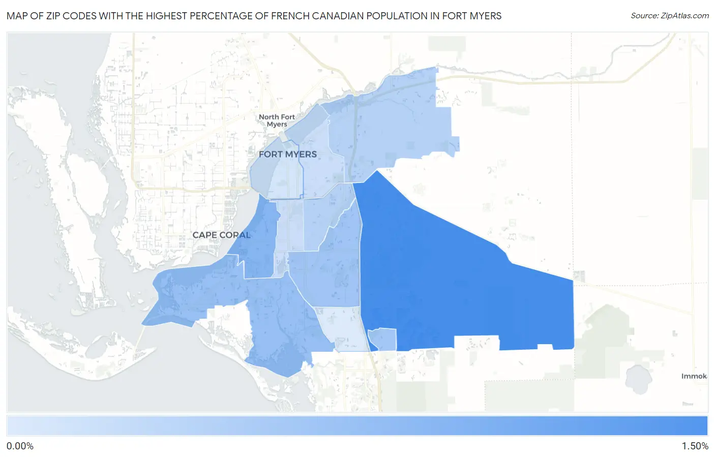 Zip Codes with the Highest Percentage of French Canadian Population in Fort Myers Map