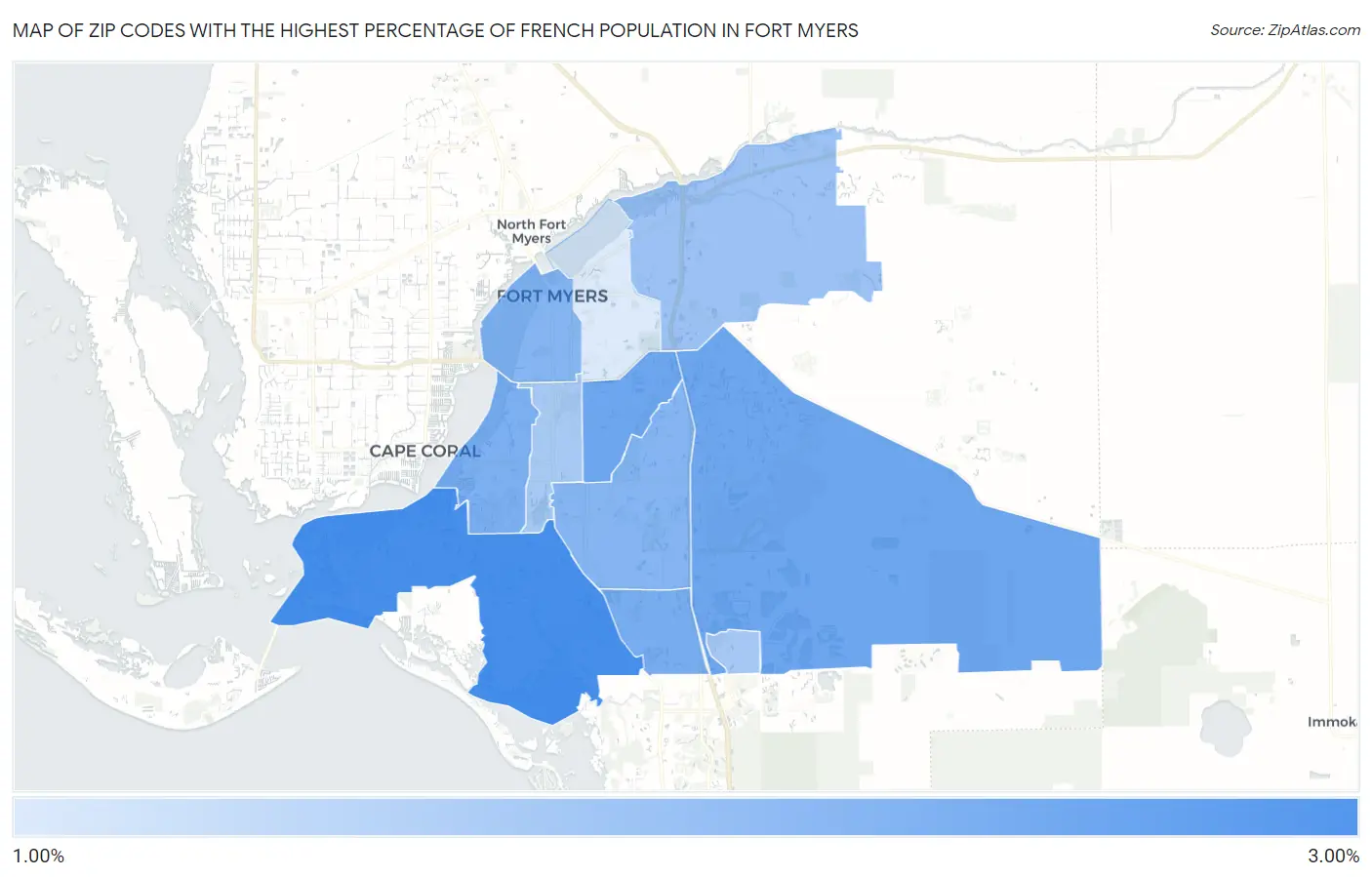 Zip Codes with the Highest Percentage of French Population in Fort Myers Map