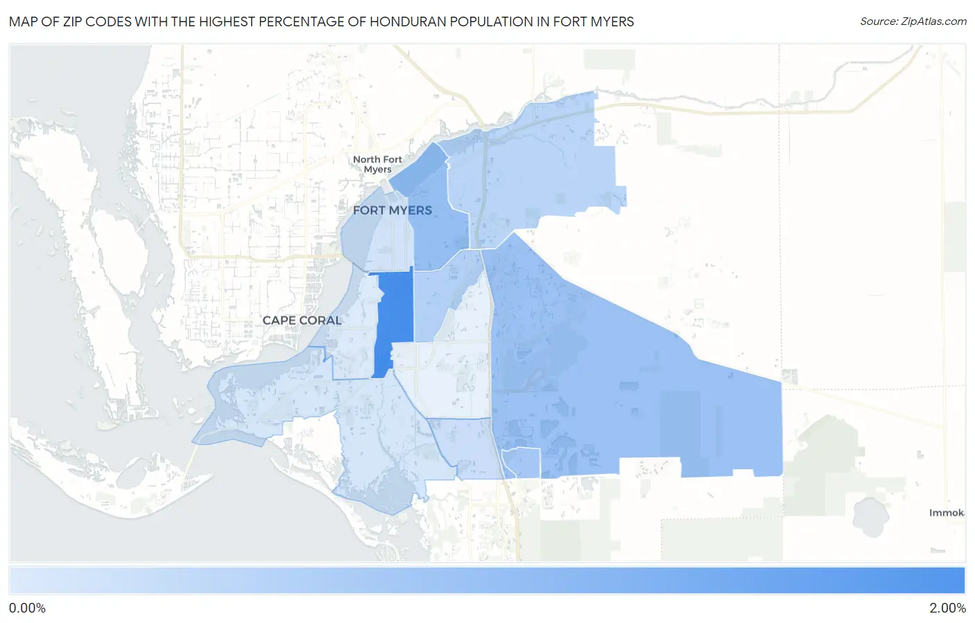 Zip Codes with the Highest Percentage of Honduran Population in Fort Myers Map