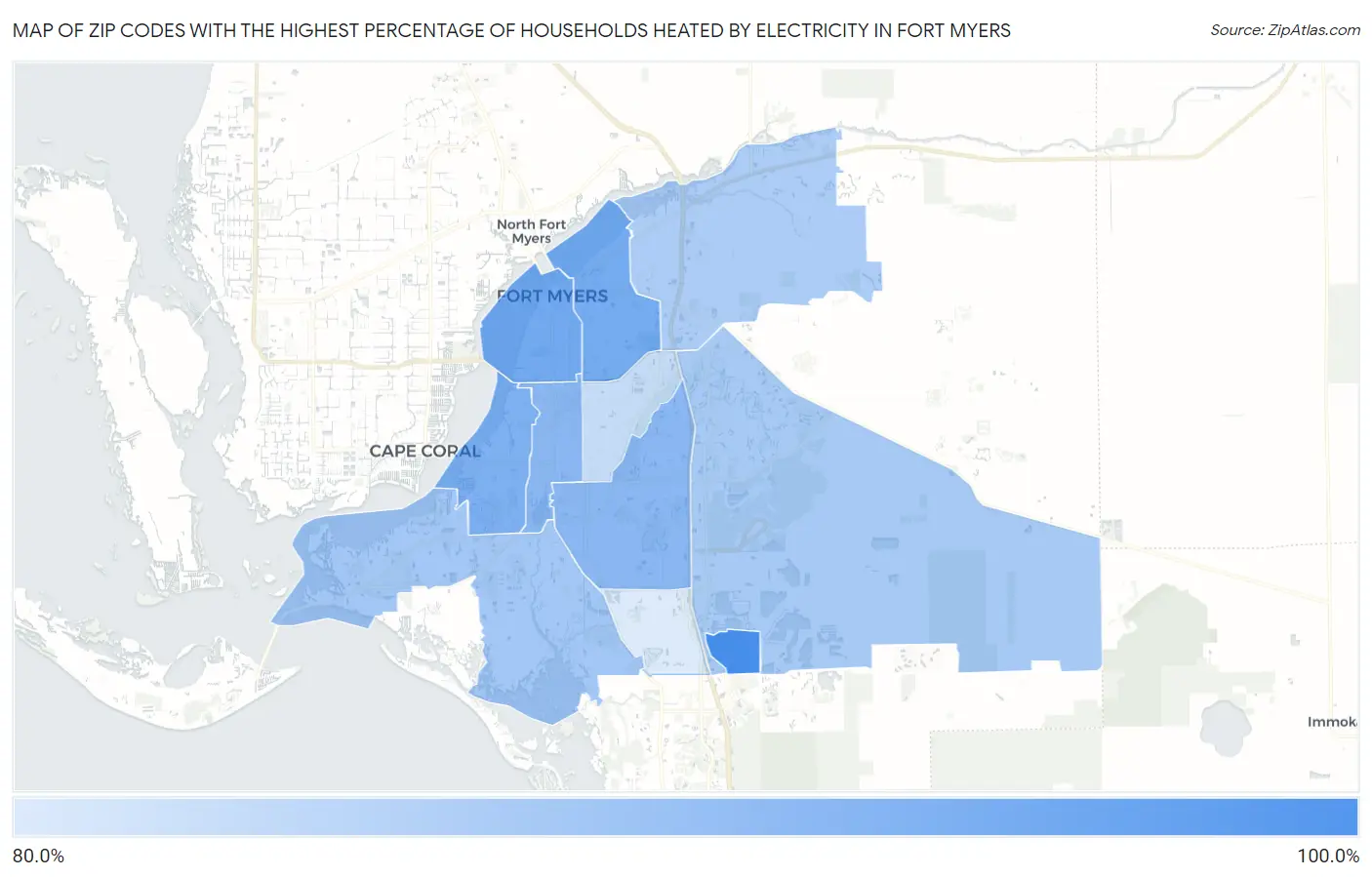 Zip Codes with the Highest Percentage of Households Heated by Electricity in Fort Myers Map