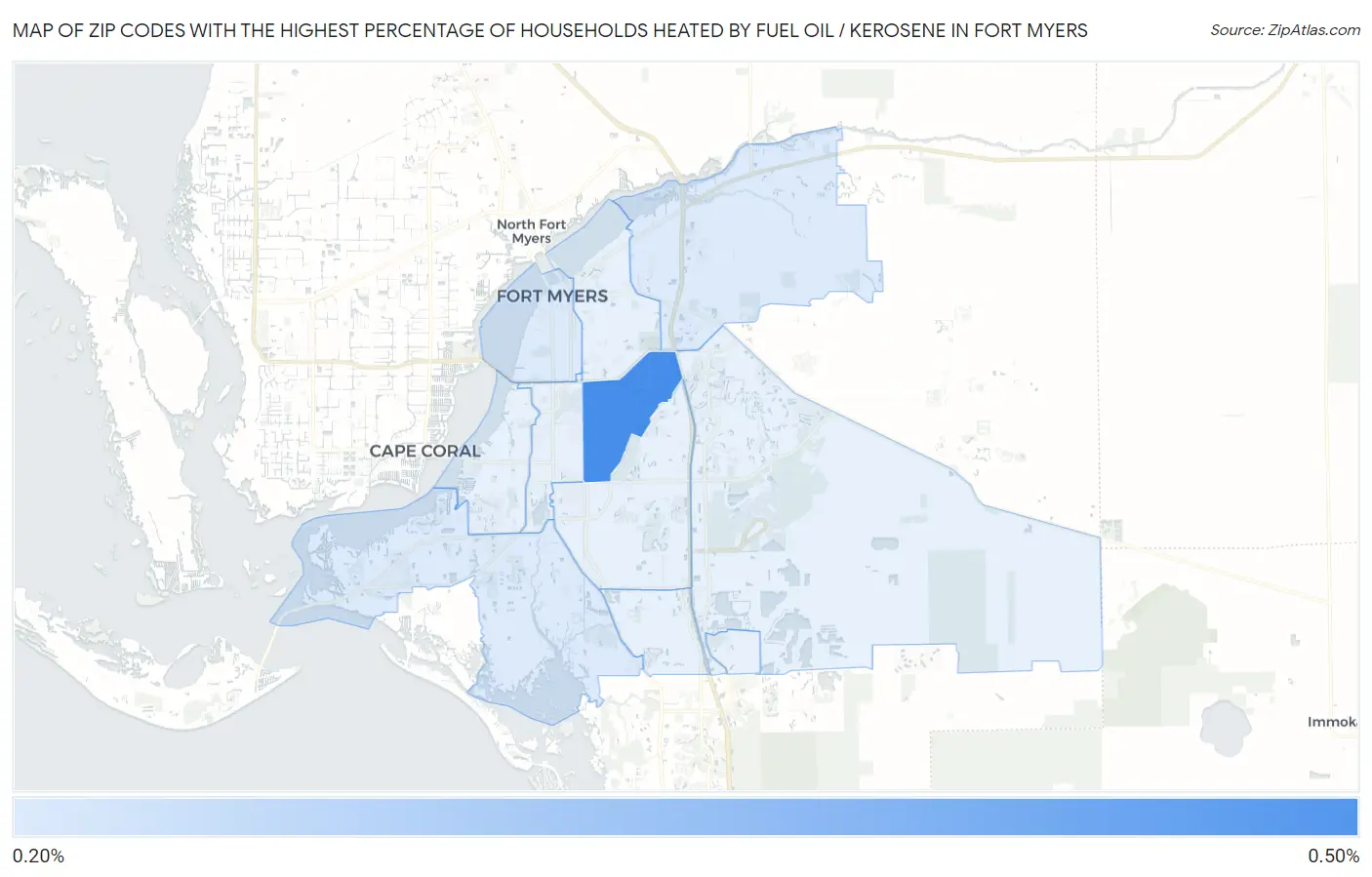 Zip Codes with the Highest Percentage of Households Heated by Fuel Oil / Kerosene in Fort Myers Map