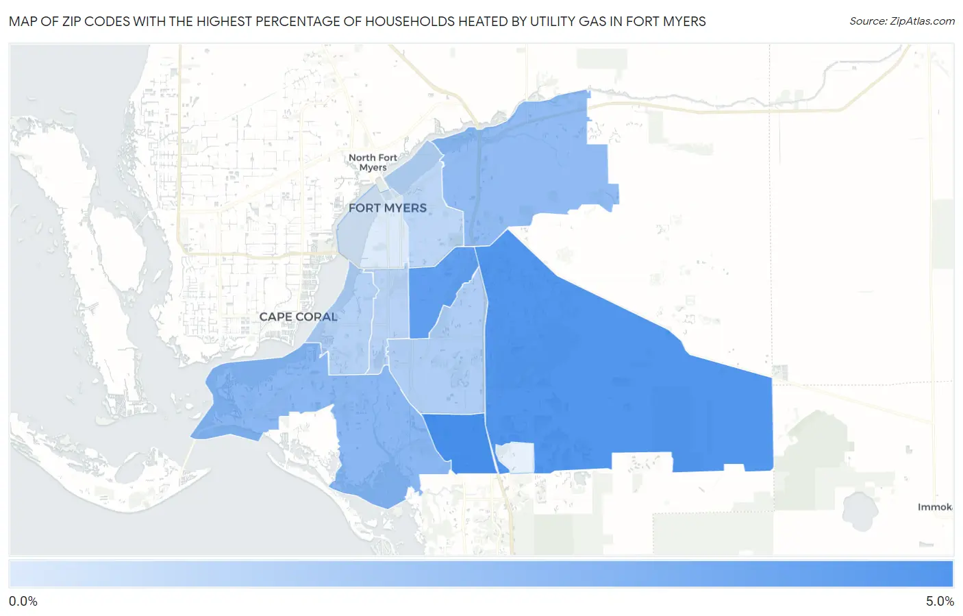 Zip Codes with the Highest Percentage of Households Heated by Utility Gas in Fort Myers Map