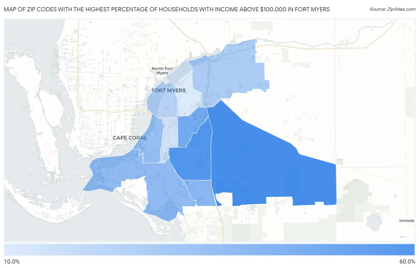 Zip Codes with the Highest Percentage of Households with Income Above $100,000 in Fort Myers Map