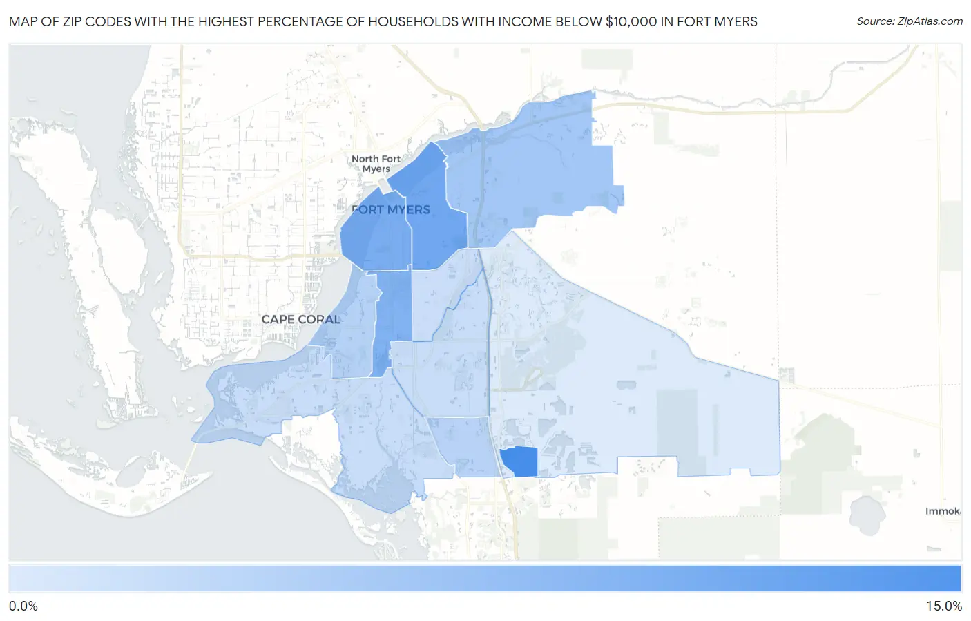 Zip Codes with the Highest Percentage of Households with Income Below $10,000 in Fort Myers Map