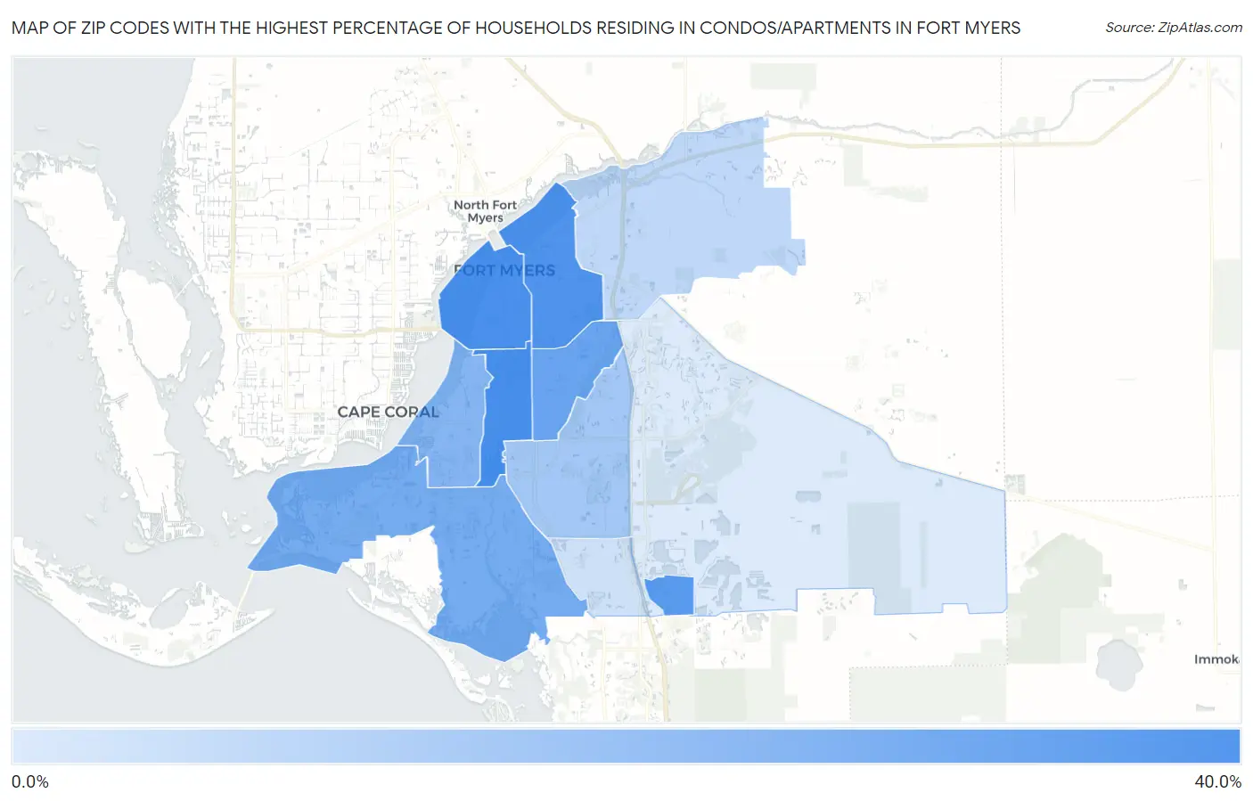Zip Codes with the Highest Percentage of Households Residing in Condos/Apartments in Fort Myers Map