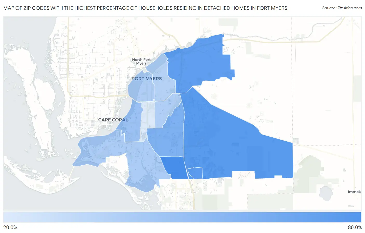 Zip Codes with the Highest Percentage of Households Residing in Detached Homes in Fort Myers Map