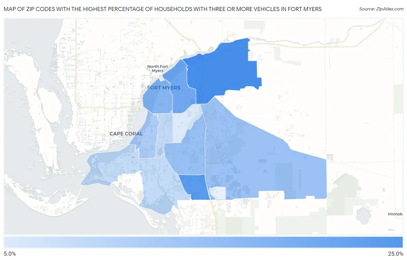 Zip Codes with the Highest Percentage of Households With Three or more Vehicles in Fort Myers Map