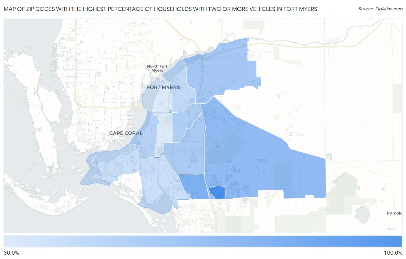 Zip Codes with the Highest Percentage of Households With Two or more Vehicles in Fort Myers Map