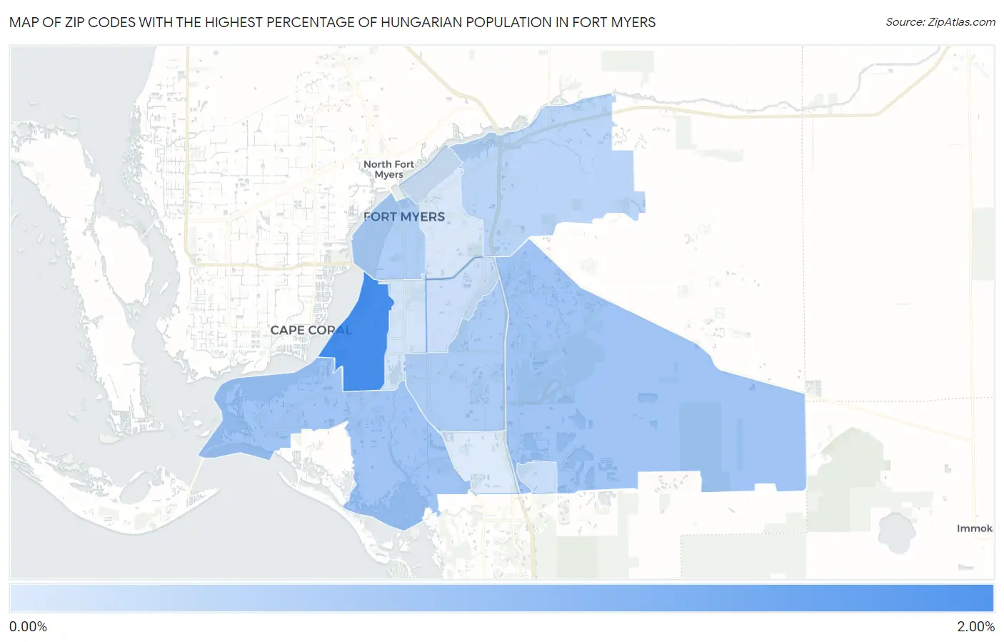 Zip Codes with the Highest Percentage of Hungarian Population in Fort Myers Map