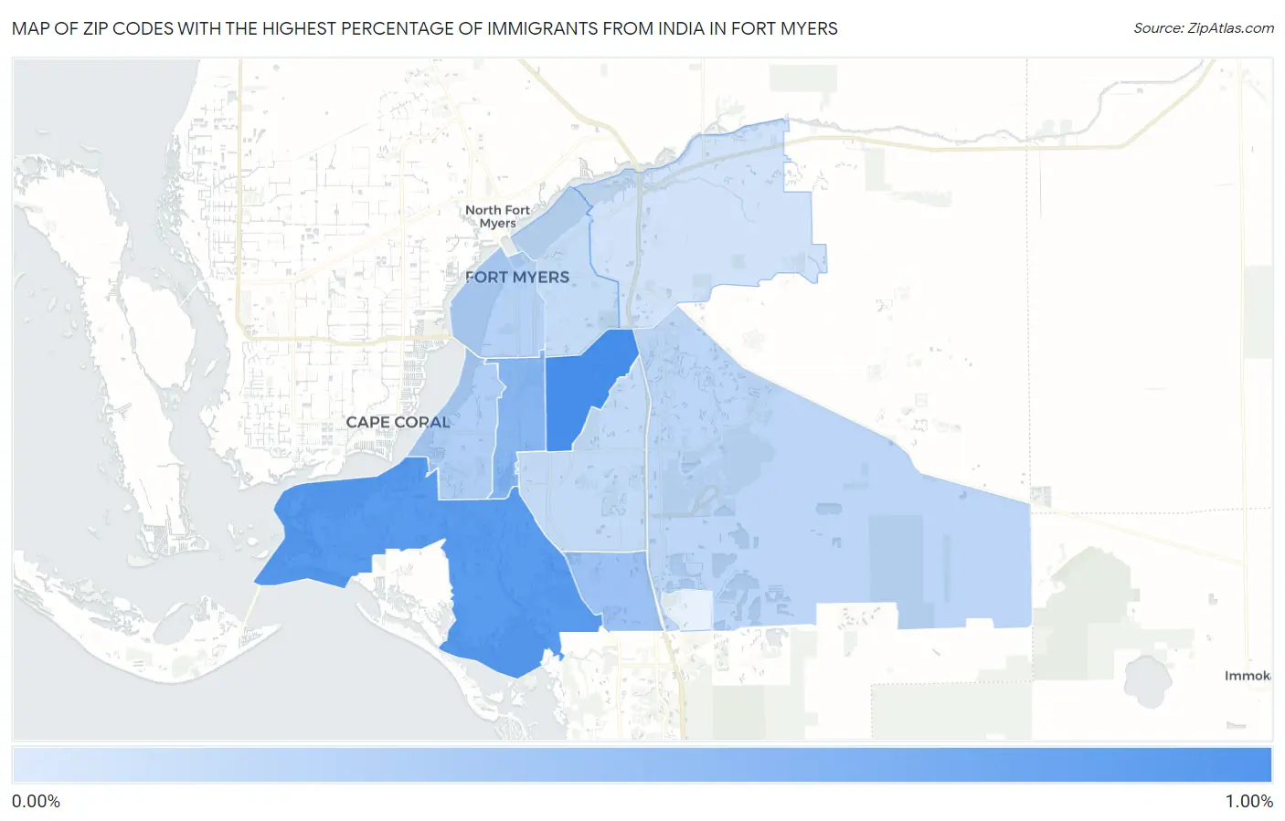 Zip Codes with the Highest Percentage of Immigrants from India in Fort Myers Map