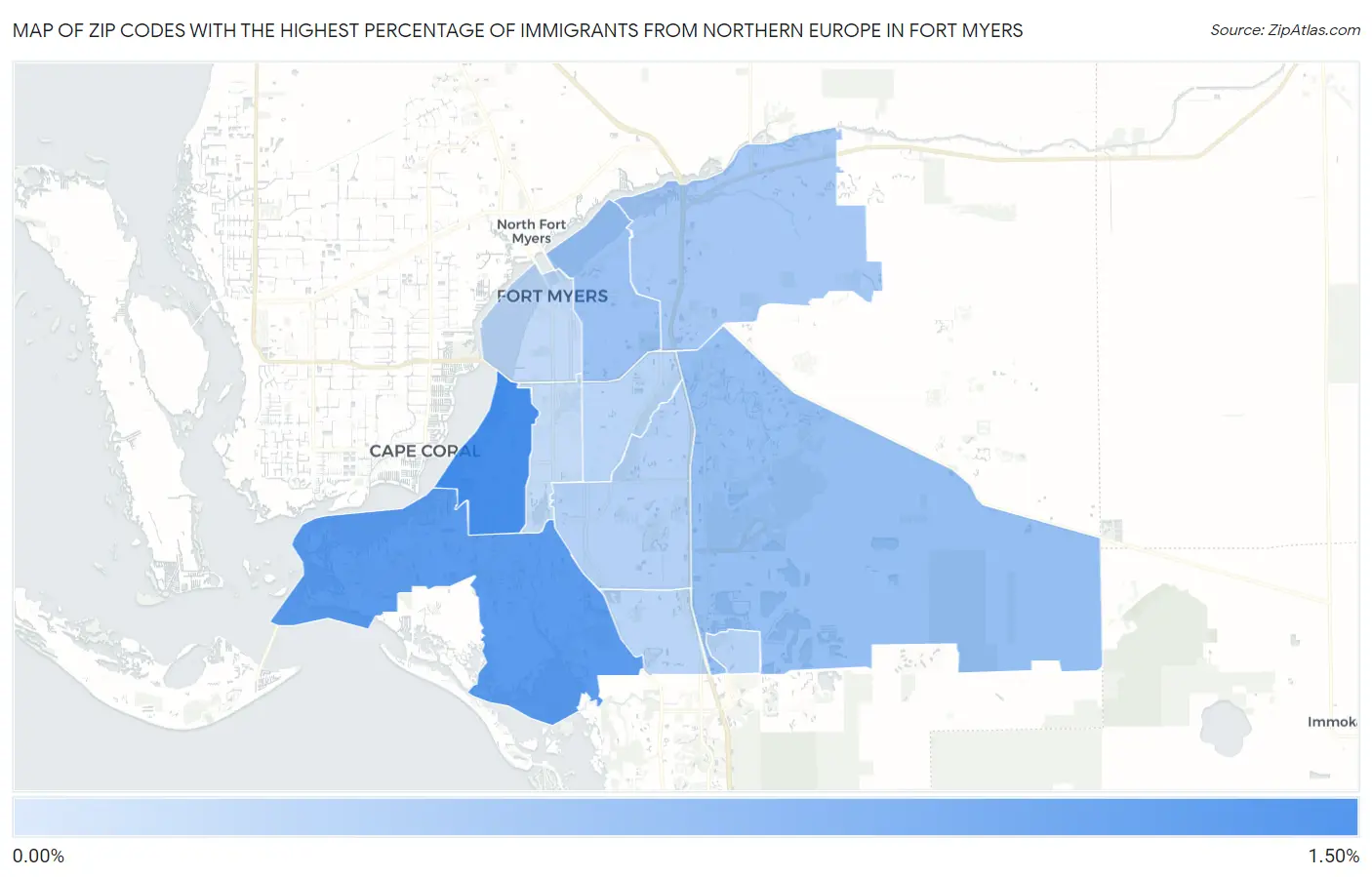 Zip Codes with the Highest Percentage of Immigrants from Northern Europe in Fort Myers Map