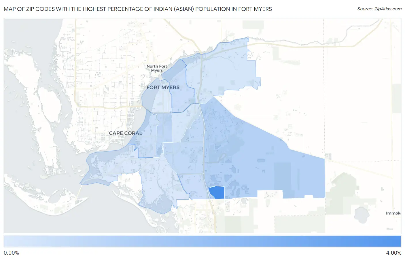 Zip Codes with the Highest Percentage of Indian (Asian) Population in Fort Myers Map
