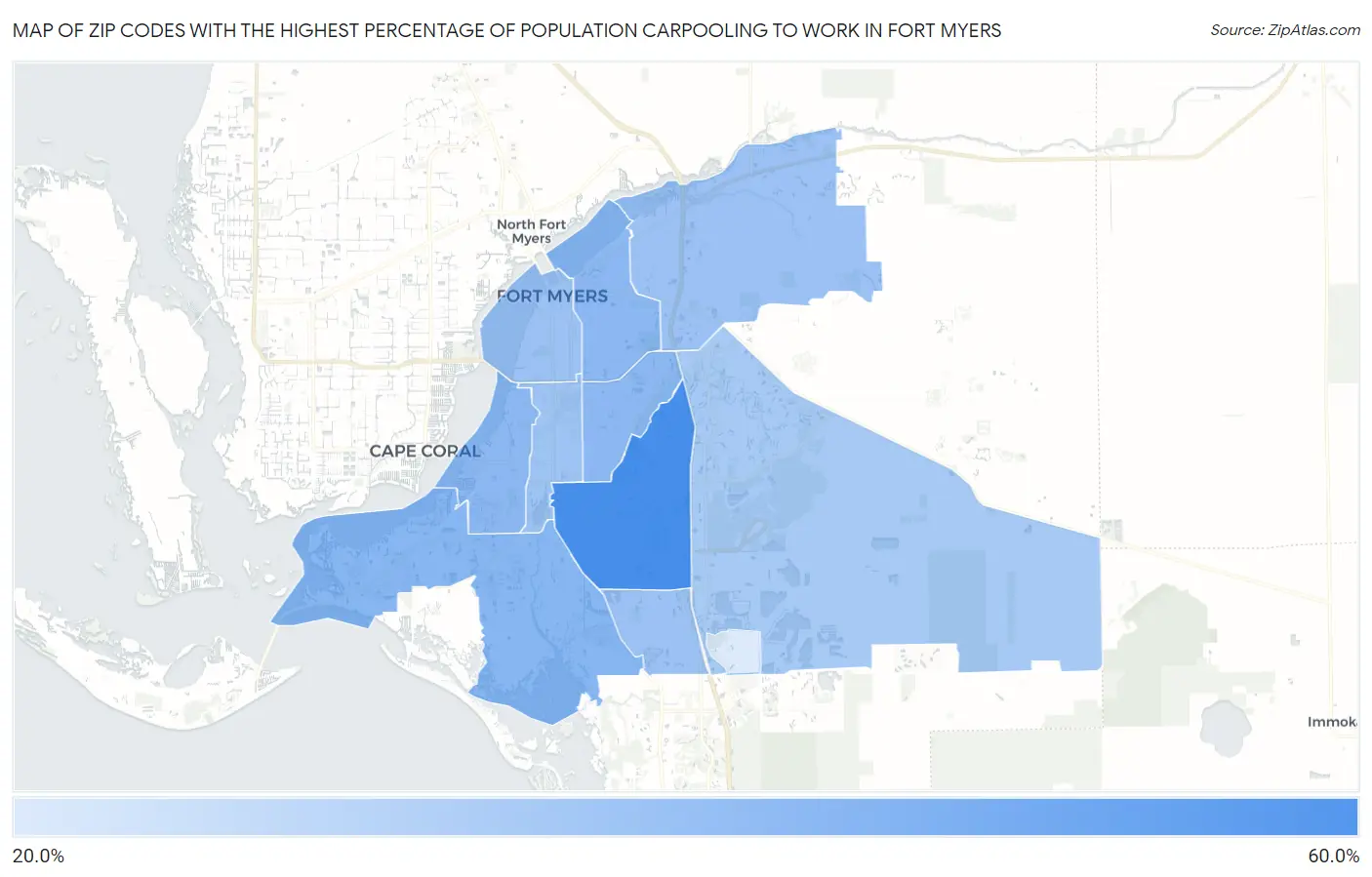 Zip Codes with the Highest Percentage of Population Carpooling to Work in Fort Myers Map