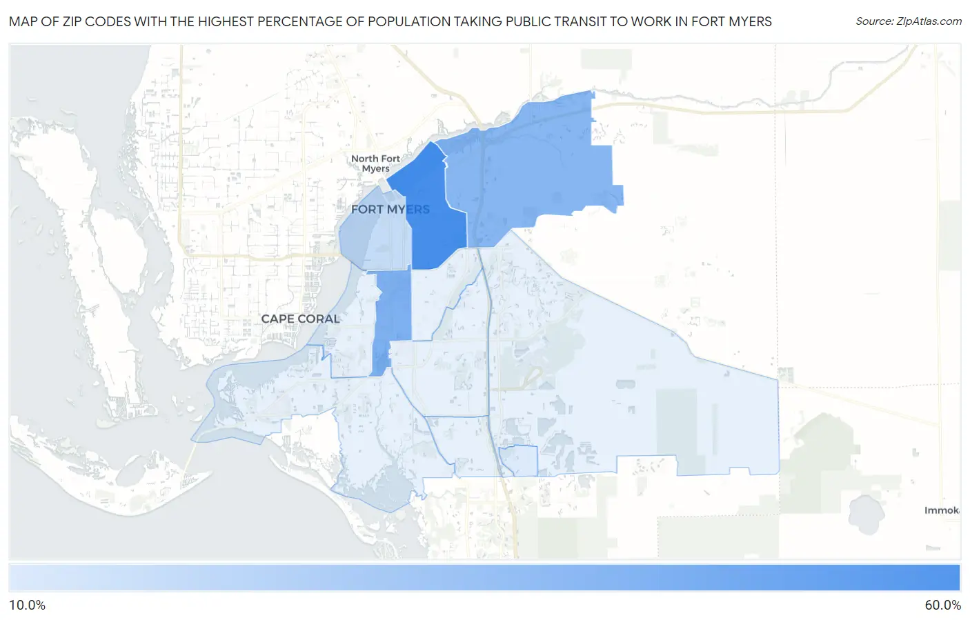 Zip Codes with the Highest Percentage of Population Taking Public Transit to Work in Fort Myers Map