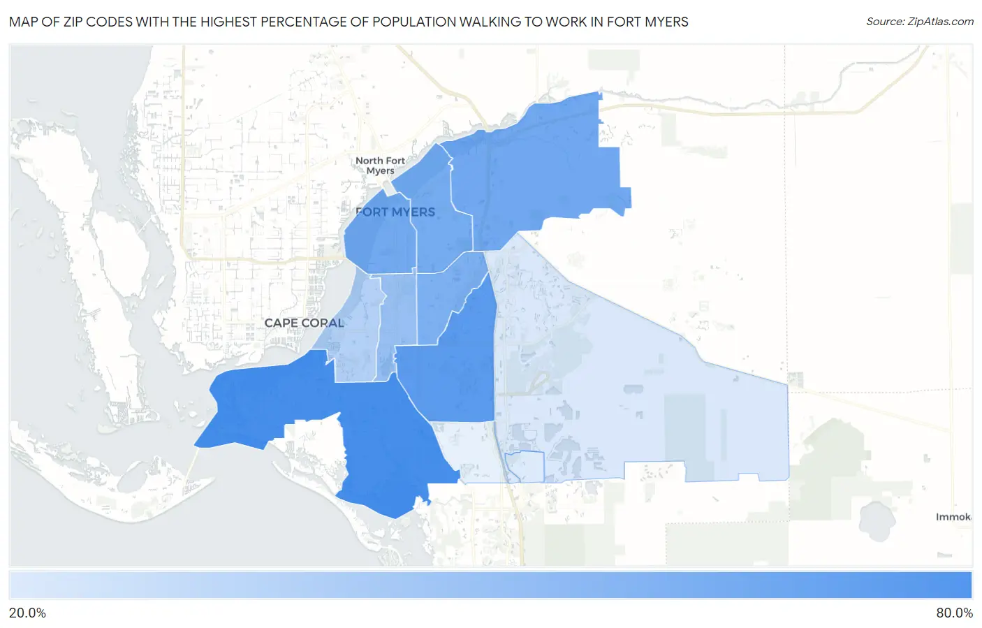 Zip Codes with the Highest Percentage of Population Walking to Work in Fort Myers Map