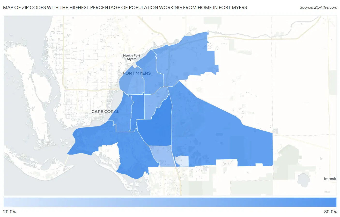 Zip Codes with the Highest Percentage of Population Working from Home in Fort Myers Map