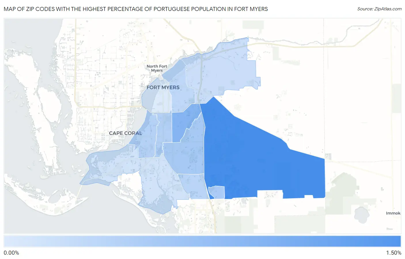 Zip Codes with the Highest Percentage of Portuguese Population in Fort Myers Map