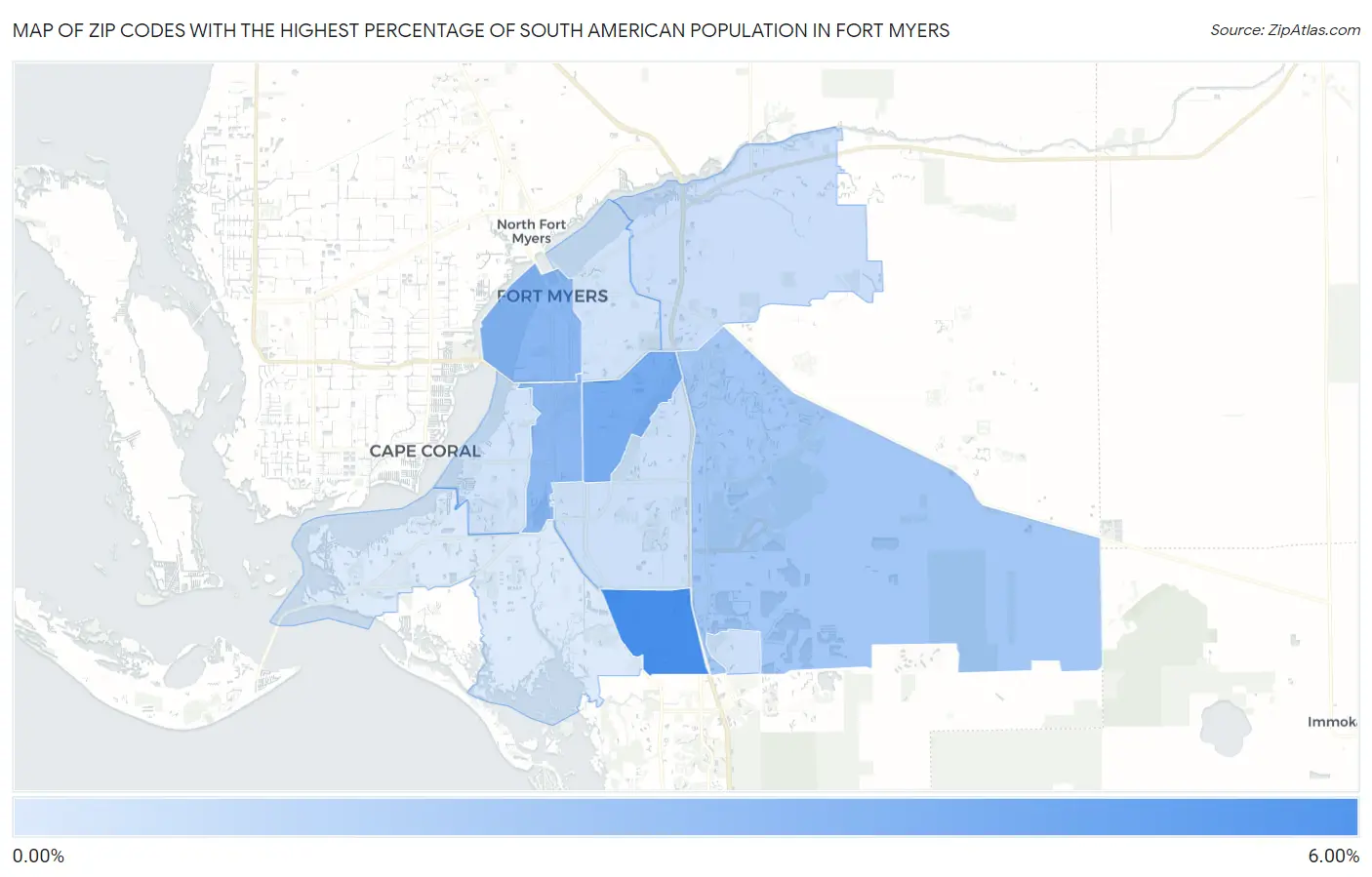 Zip Codes with the Highest Percentage of South American Population in Fort Myers Map