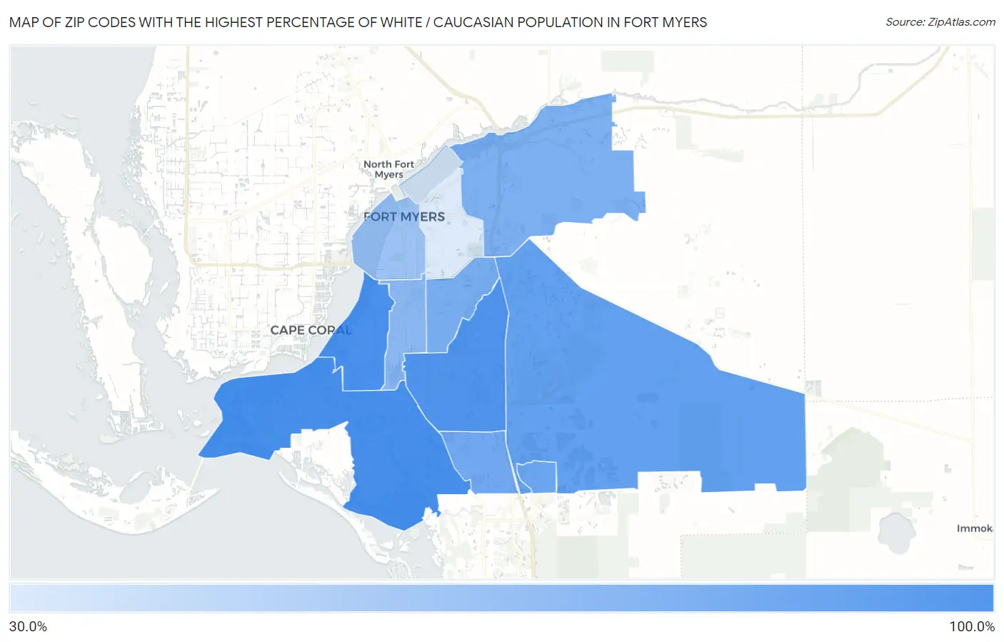 Zip Codes with the Highest Percentage of White / Caucasian Population in Fort Myers Map