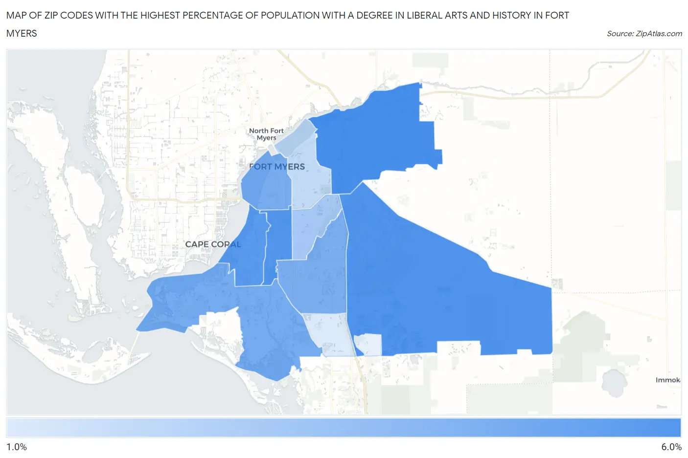 Zip Codes with the Highest Percentage of Population with a Degree in Liberal Arts and History in Fort Myers Map