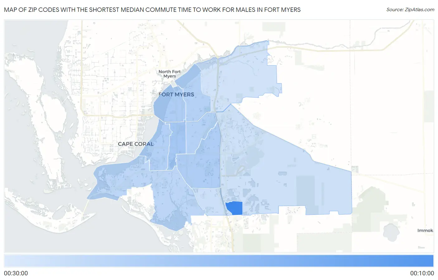 Zip Codes with the Shortest Median Commute Time to Work for Males in Fort Myers Map