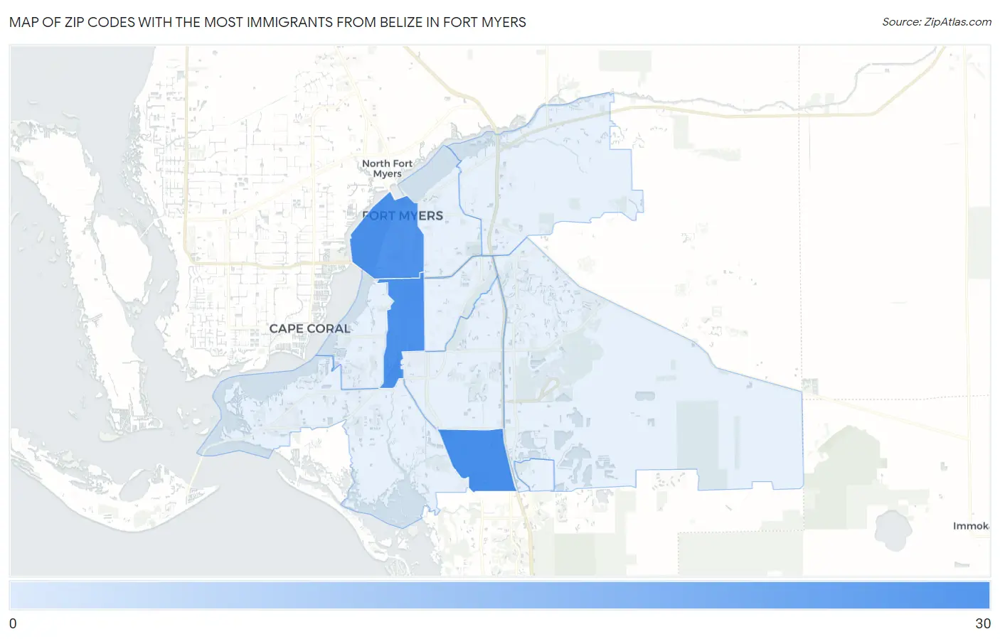 Zip Codes with the Most Immigrants from Belize in Fort Myers Map