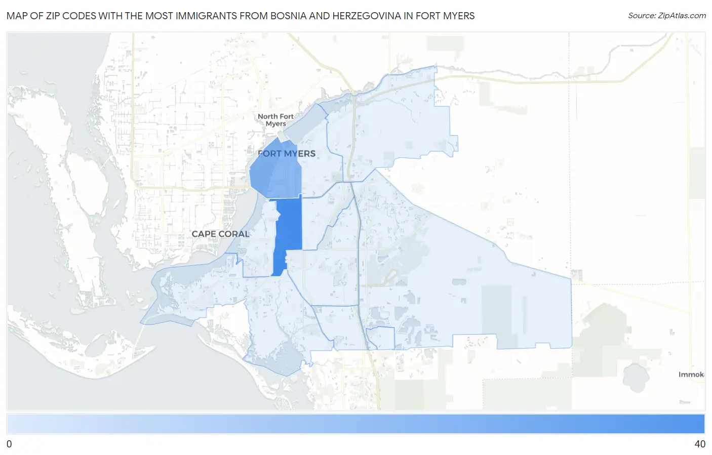 Zip Codes with the Most Immigrants from Bosnia and Herzegovina in Fort Myers Map