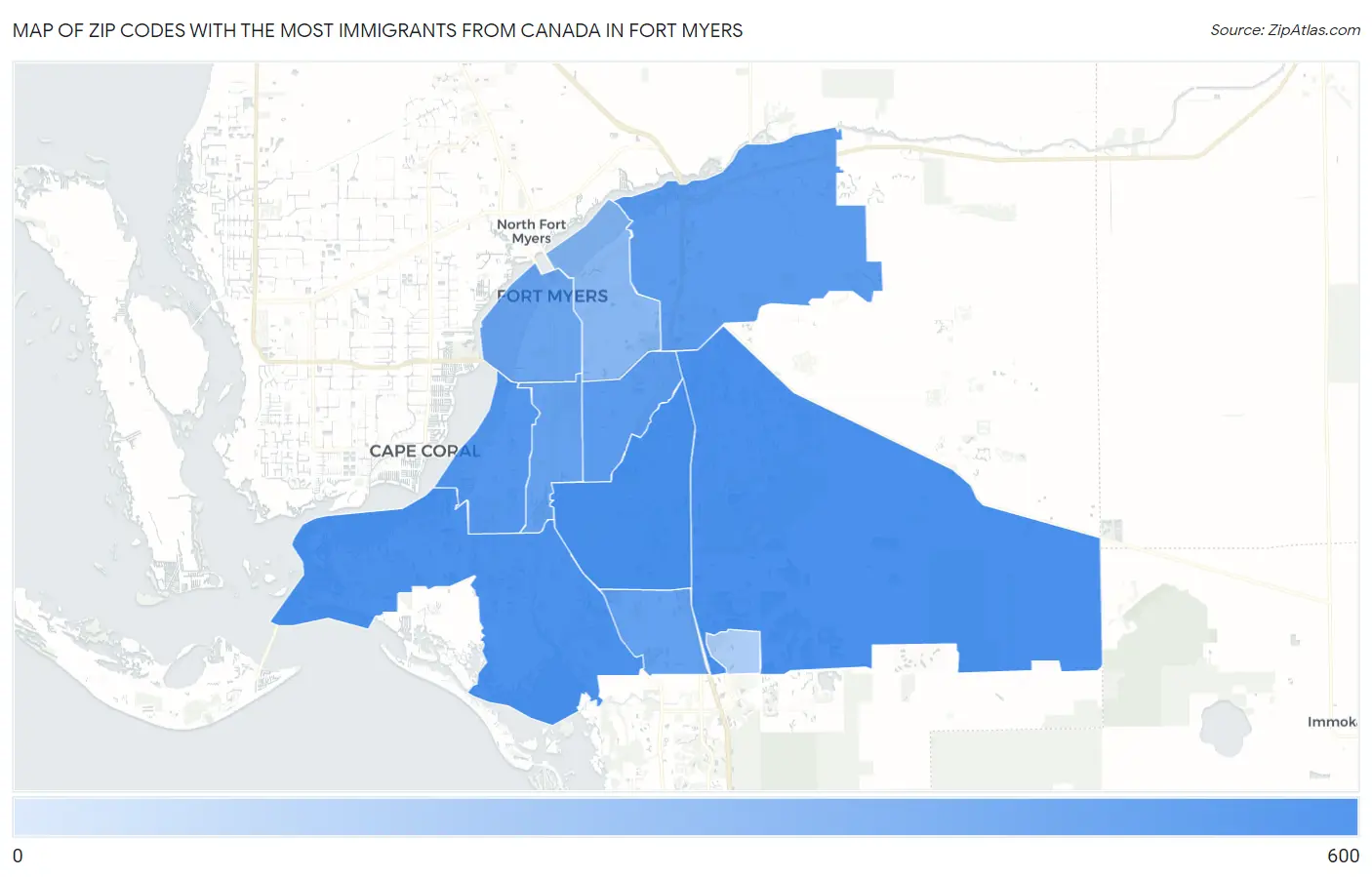 Zip Codes with the Most Immigrants from Canada in Fort Myers Map