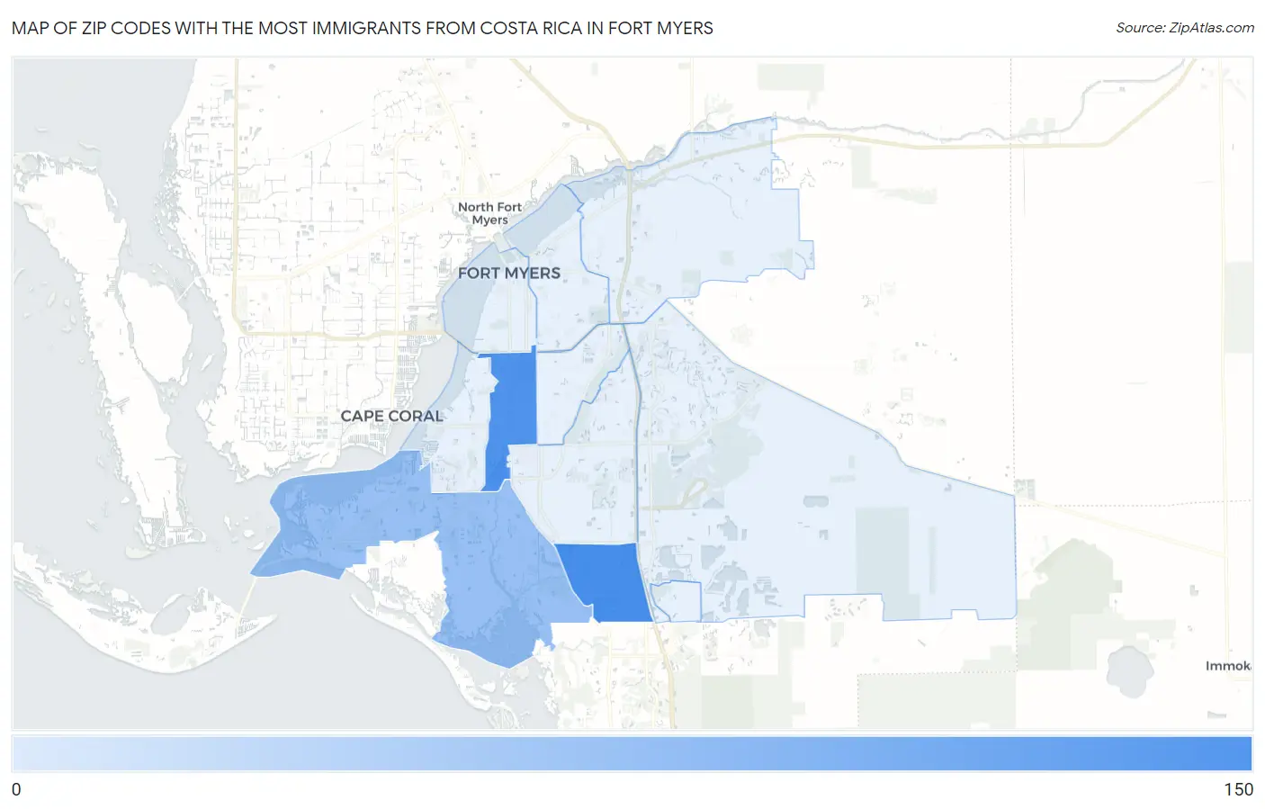 Zip Codes with the Most Immigrants from Costa Rica in Fort Myers Map