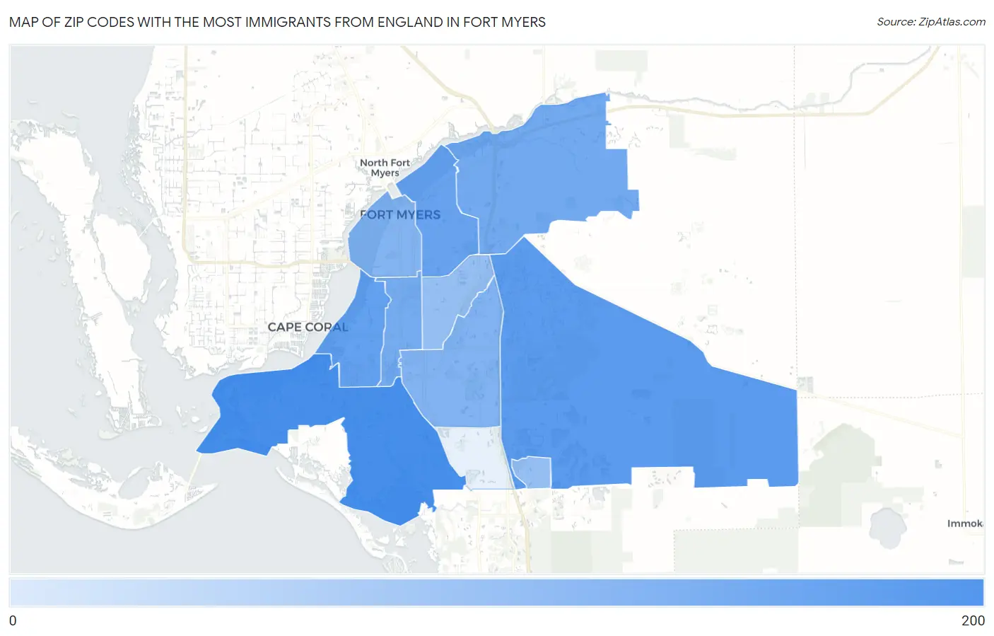 Zip Codes with the Most Immigrants from England in Fort Myers Map
