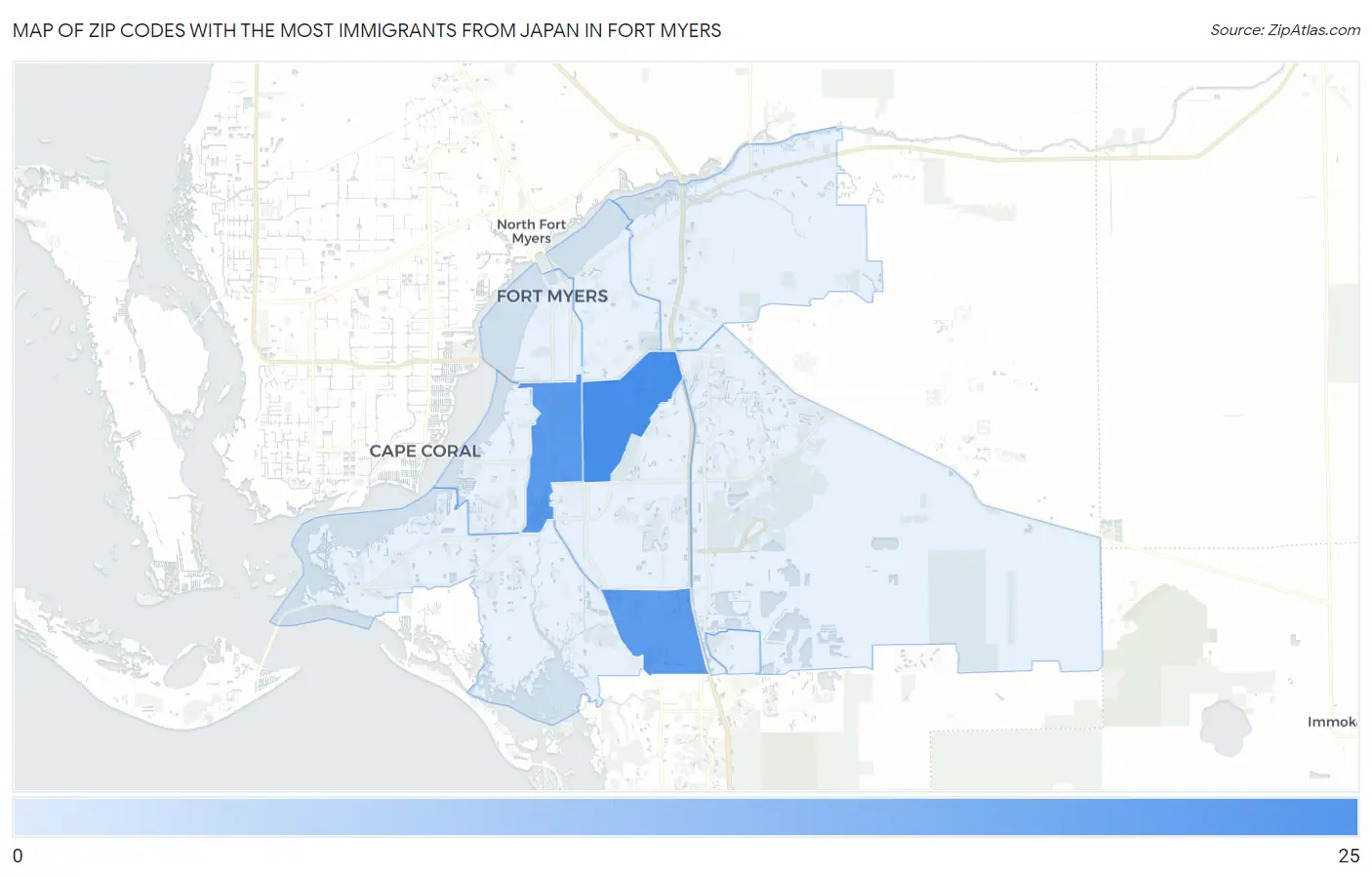 Zip Codes with the Most Immigrants from Japan in Fort Myers Map