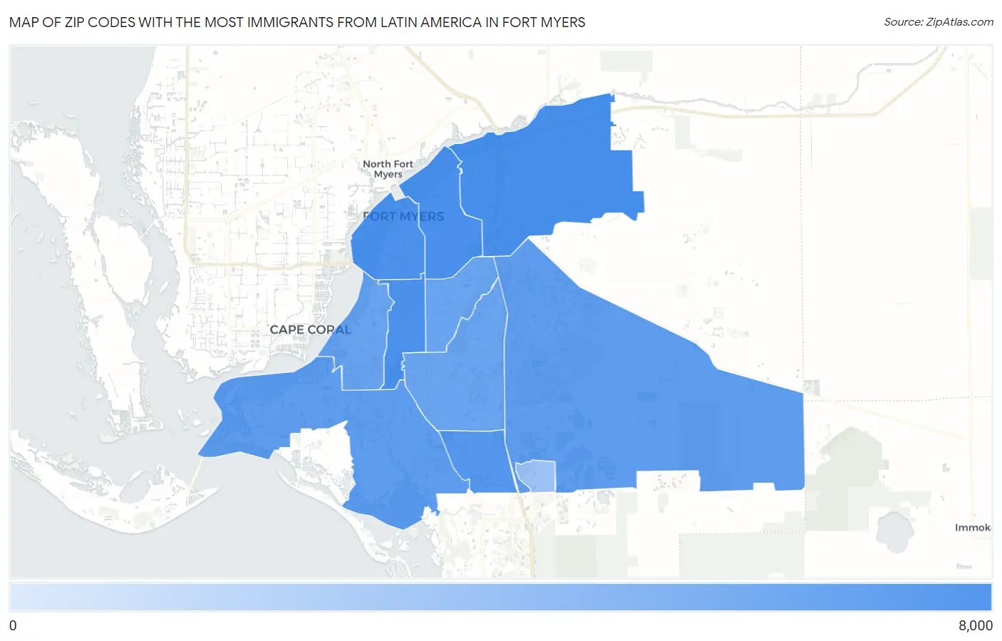 Zip Codes with the Most Immigrants from Latin America in Fort Myers Map