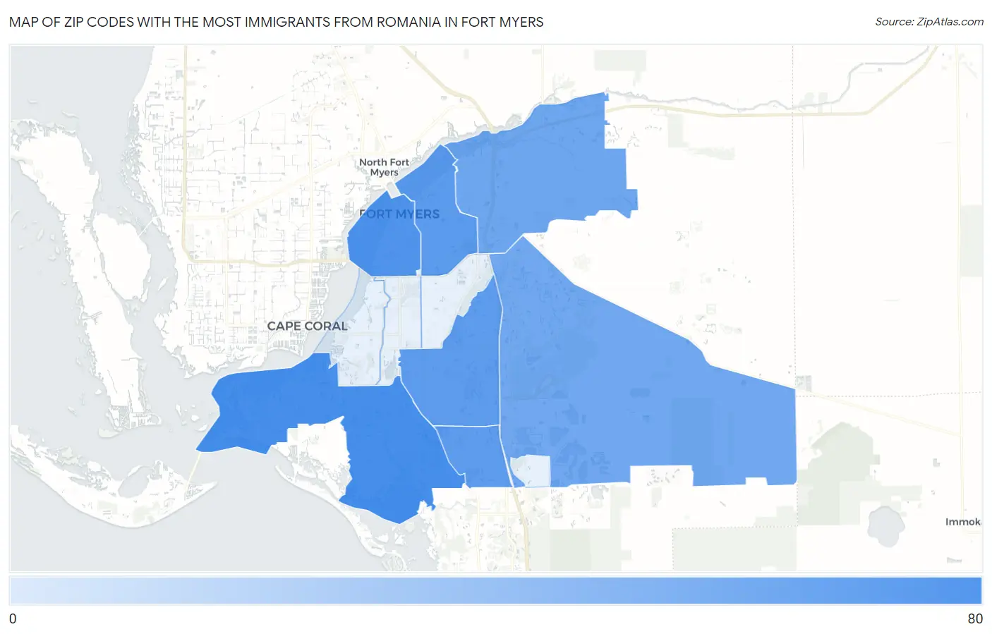 Zip Codes with the Most Immigrants from Romania in Fort Myers Map
