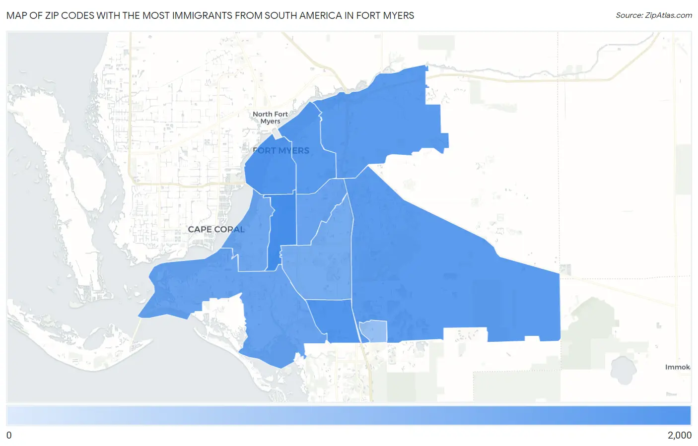 Zip Codes with the Most Immigrants from South America in Fort Myers Map