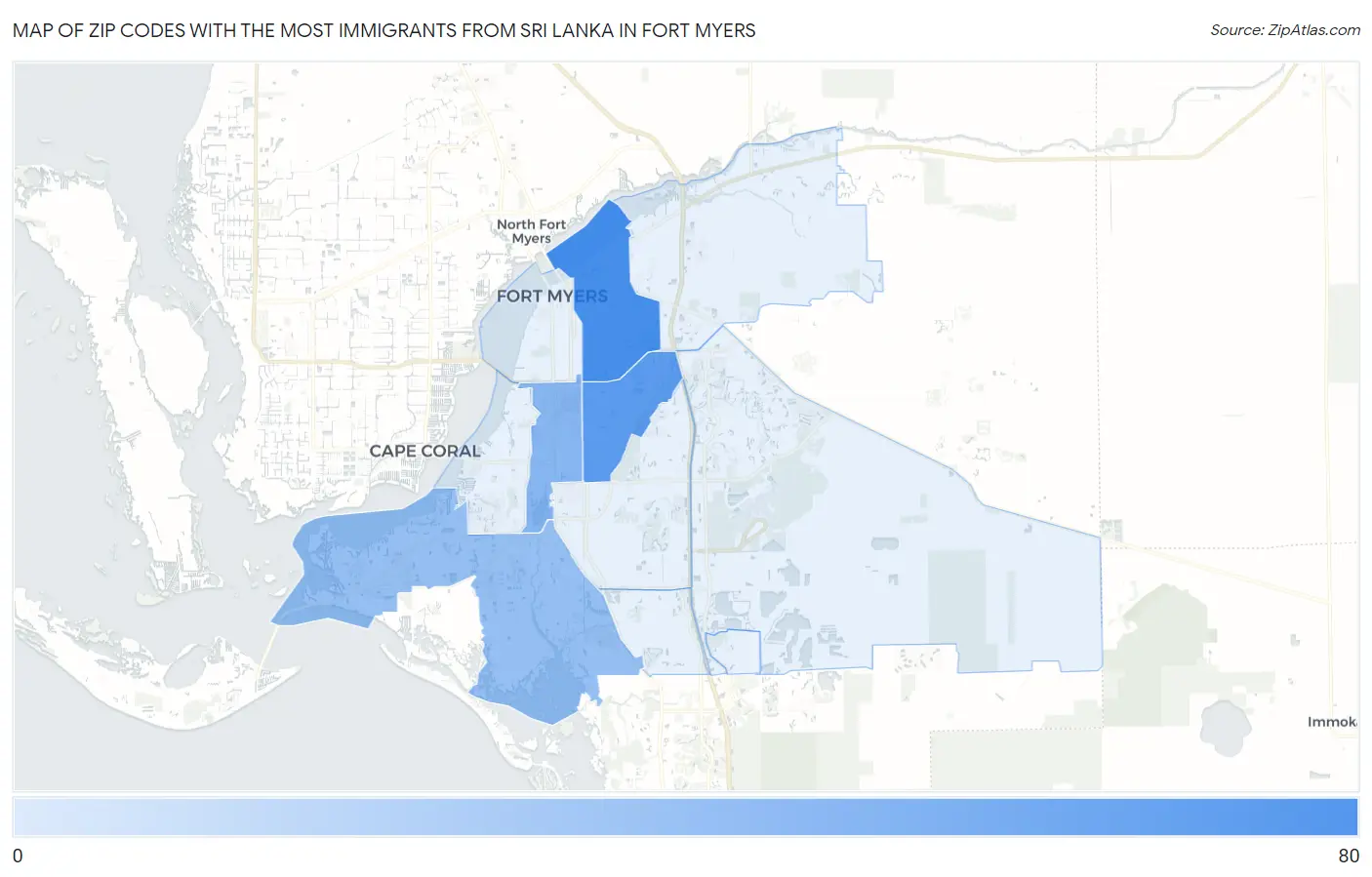 Zip Codes with the Most Immigrants from Sri Lanka in Fort Myers Map