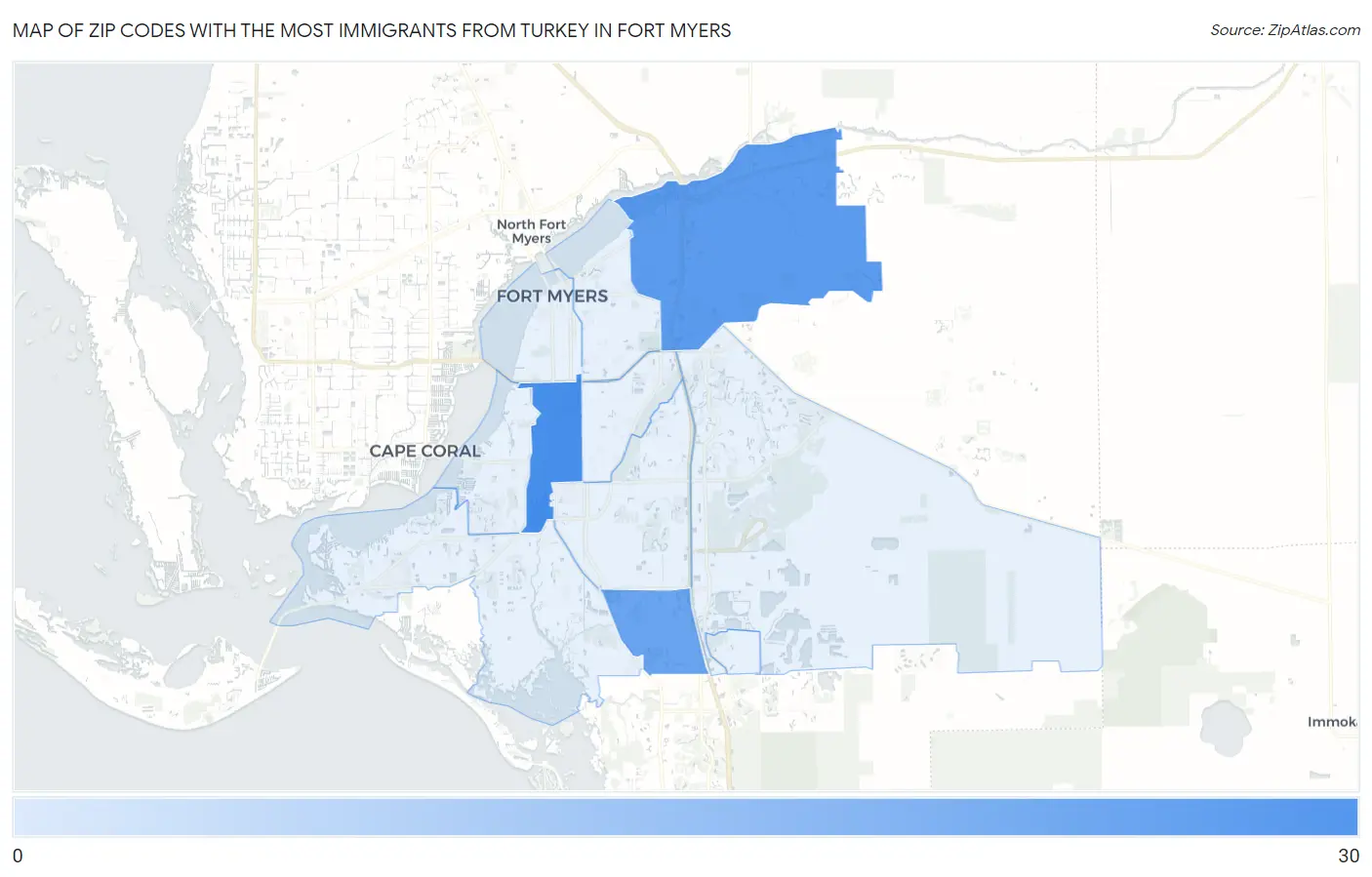 Zip Codes with the Most Immigrants from Turkey in Fort Myers Map