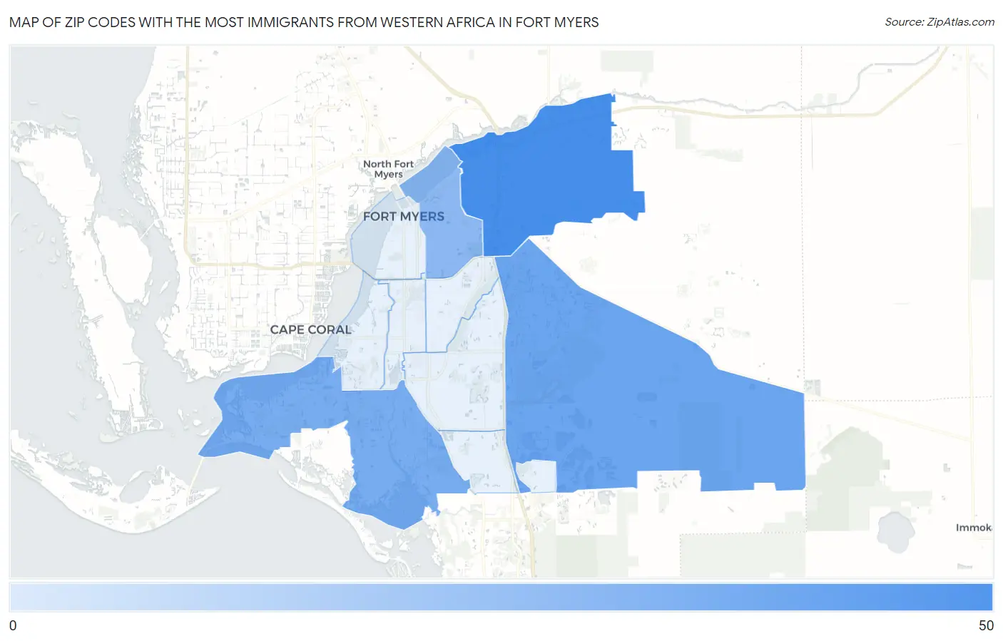Zip Codes with the Most Immigrants from Western Africa in Fort Myers Map