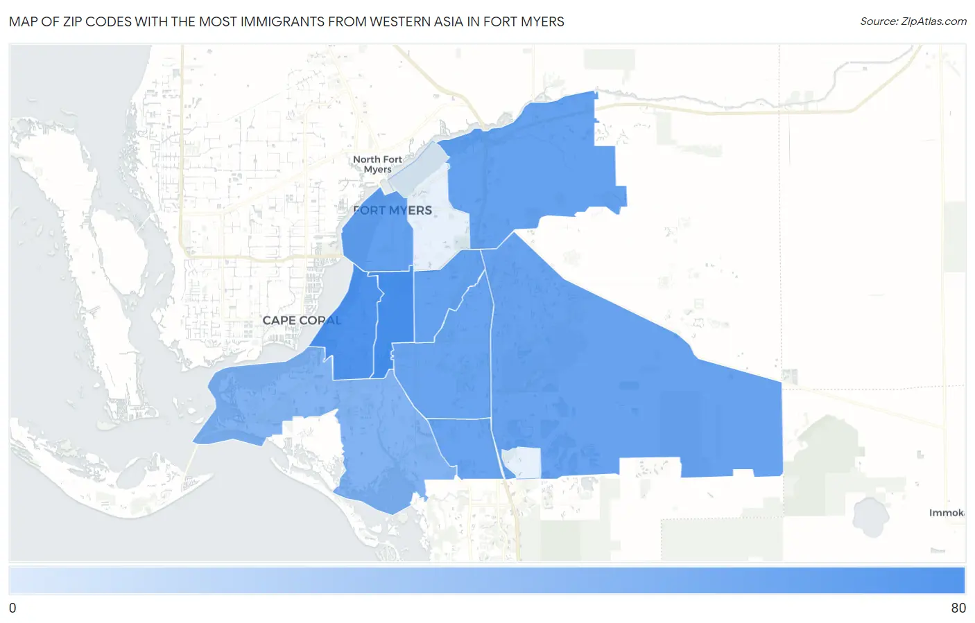 Zip Codes with the Most Immigrants from Western Asia in Fort Myers Map