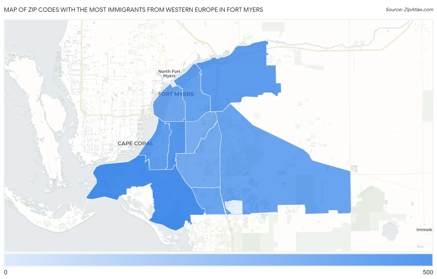 Zip Codes with the Most Immigrants from Western Europe in Fort Myers Map